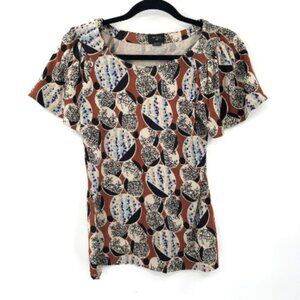 ANTHROPOLOGIE Deletta Brown Tribal Print Top Blouse Stretch Knit S Earth Tones